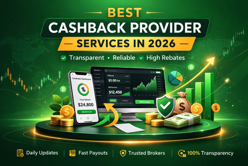 Best Cashback Provider Services in 2026 feature image with green background showing cashback dashboard, trading growth chart, coins, and fast payout transparency concept.