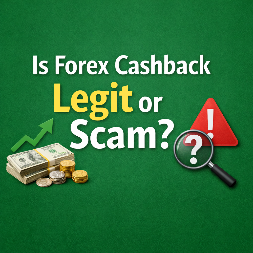 Is Forex Cashback Legit or Scam feature image with green background, cash stack, upward arrow, and warning sign