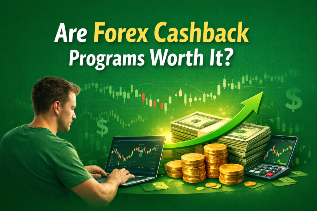 Illustration of a trader analyzing forex charts on a laptop with stacks of cash, coins, and a rising green arrow, representing the benefits of forex cashback programs. Background color is green.