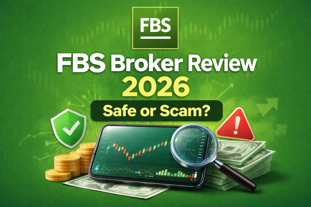 FBS Broker Review 2026 feature image with green background showing trading chart, coins, and “Safe or Scam” text highlighting forex broker evaluation.