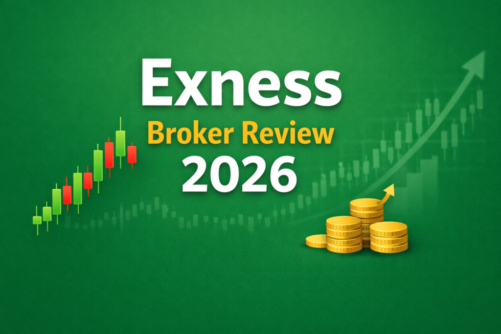 Exness Broker Review 2026 with green background, trading chart, and profit growth concept showing forex trading and cashback benefits