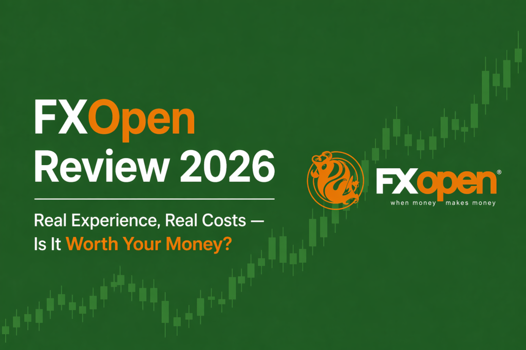 FXOpen Review 2026 banner with green background and candlestick chart showing trading performance and costs