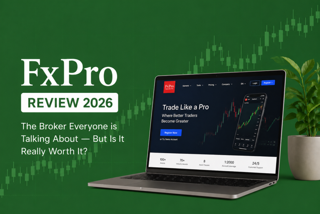 FxPro Review 2026 feature image with green background and forex candlestick chart showing trading platform on laptop