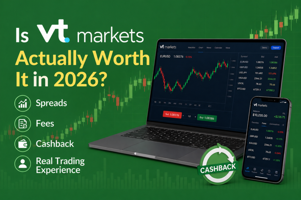 VT Markets review 2026 feature image with green background, trading laptop and mobile screen, candlestick chart, and highlights of spreads, fees, cashback, and real trading experience