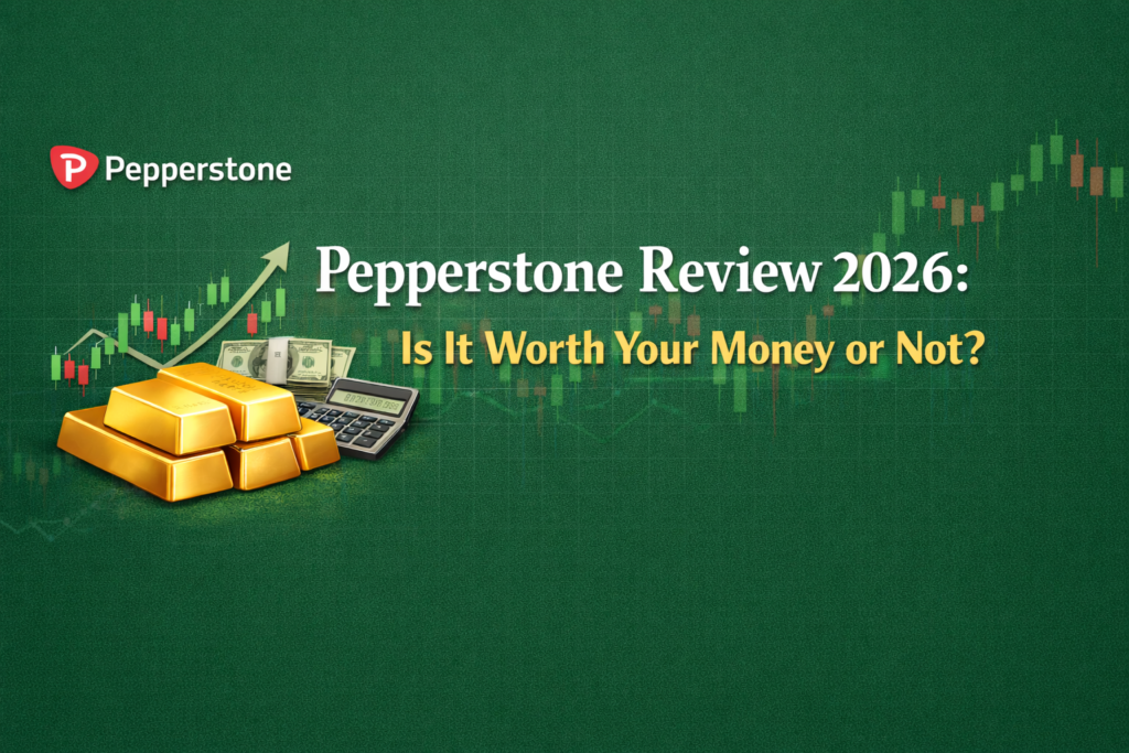 Pepperstone Review 2026 feature image with green background, candlestick chart, gold bars, and trading elements showing low spreads and forex trading concept