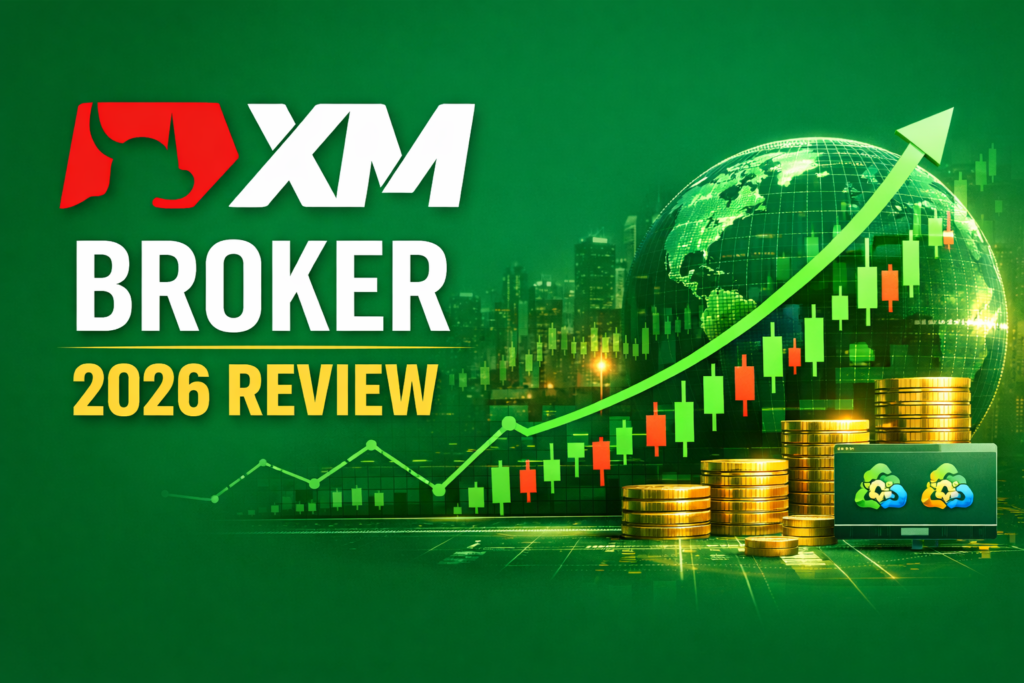 XM Broker 2026 review feature image with green background, trading charts, coins, and mobile trading app showing forex market growth