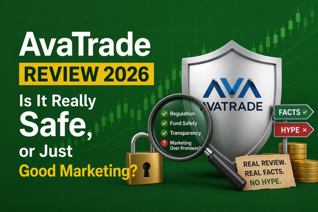AvaTrade Review 2026 feature image with a green candlestick chart background, security shield, magnifying glass, padlock, and gold coins, highlighting the question: "Is It Really Safe, or Just Good Marketing?