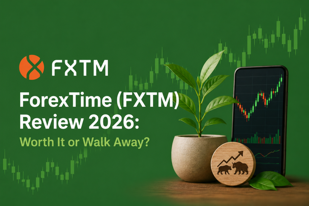 ForexTime (FXTM) Review 2026: Worth It or Walk Away? 1 ForexTime (FXTM) Review 2026 feature image with a green background (#2e7d32), subtle candlestick chart pattern, FXTM branding, trading smartphone, growing plant, and bull vs bear market symbol representing forex trading and broker analysis.