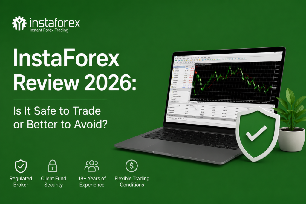InstaForex Review 2026: Is It Safe to Trade or Better to Avoid? 2 InstaForex Review 2026 feature image showing a regulated forex broker with MT4 trading platform, security shield, and green background representing safe forex trading and broker reliability.
