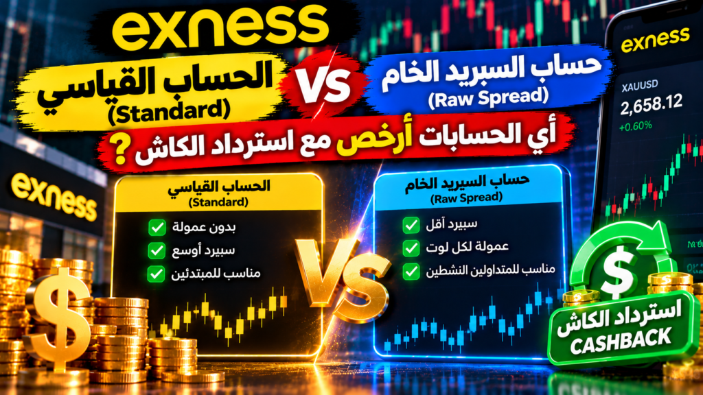 مقارنة حساب Exness Standard أم Raw Spread بعد الكاش باك